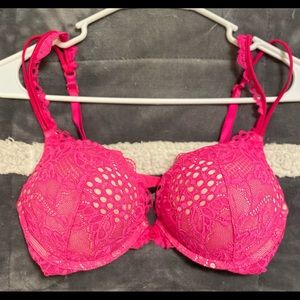 Victoria Secret lace Hot Pink and Nude Bombshell Plunge Bra 34C.